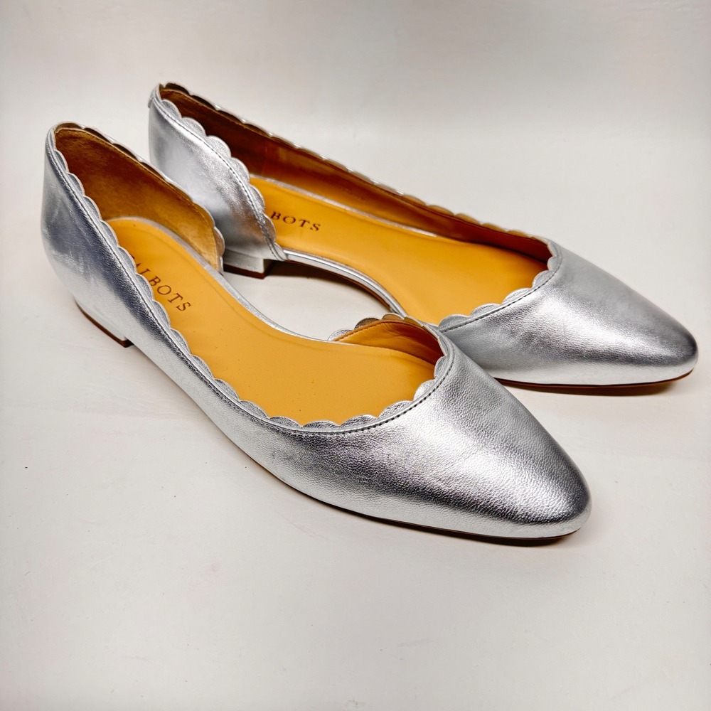 Talbots Flats Womens 9M Silver Metallic Scalloped D'Orsay‎ Leather Pointed Toe